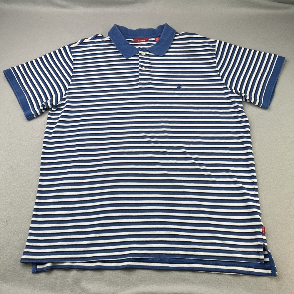 Izod Men's Polo Shirt (XL) Short Sleeve Collared Blue/White Stripes 100% Cotton